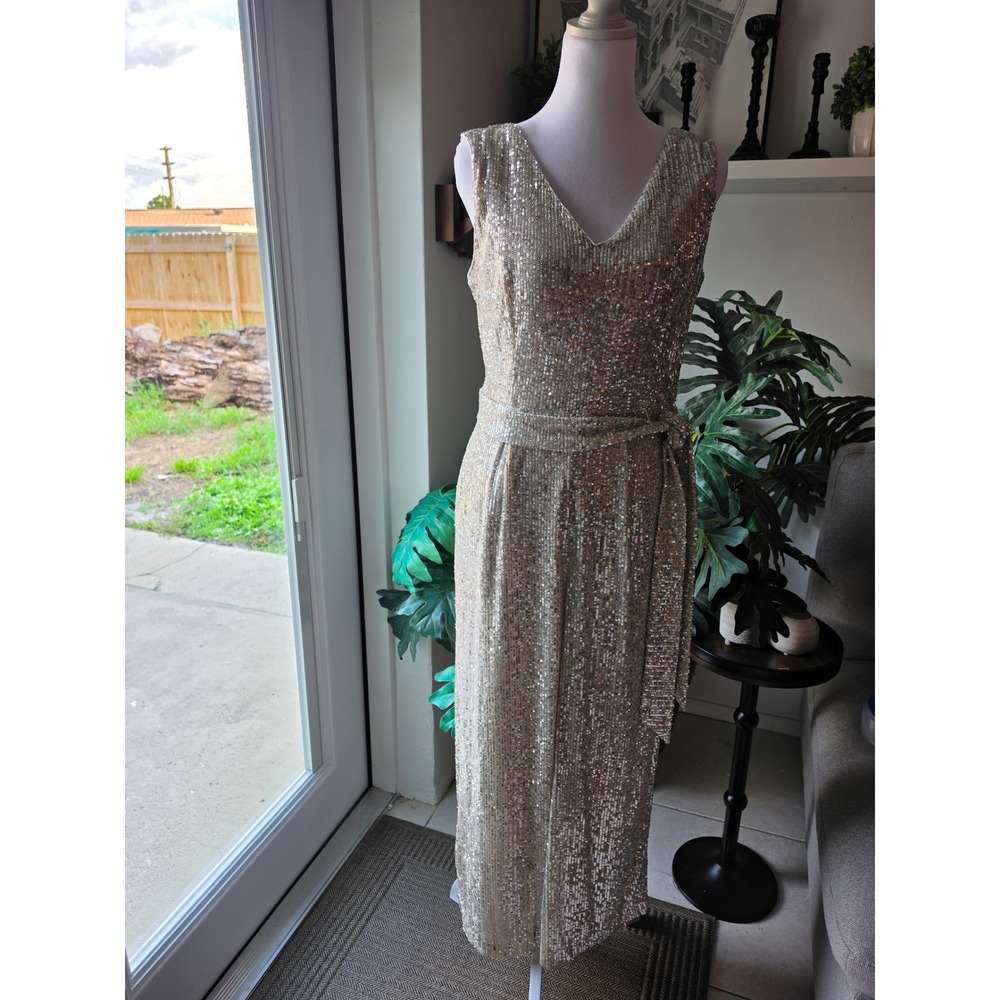 Calvin Klein Womens Sequin V-Neck Tie Waist Wide Leg Jumpsuit Champagne Gold 8